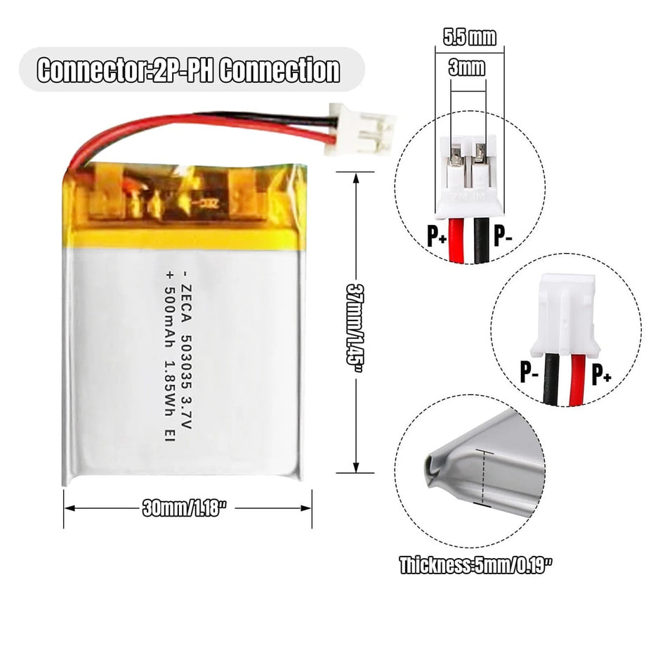 Batteria LIPO DIY 505060 3,7V DC 2.000mAh CONNETTORI 2P-PH