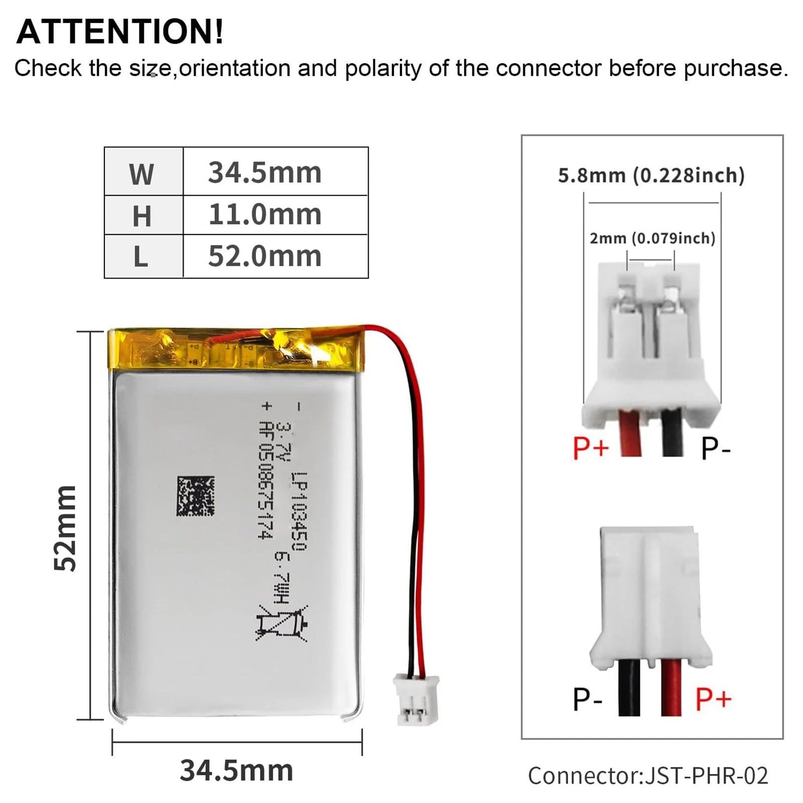 Batteria LIPO DIY 103450 3,7V DC 2.000mAh CONNETTORI 2P-PH