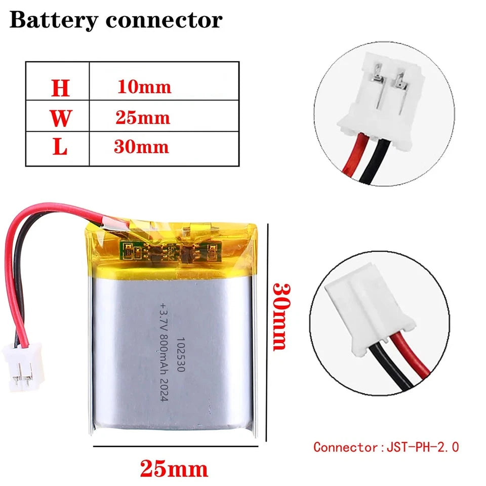 Batteria LIPO DIY 102530  3,7V DC 800mAh CONNETTORI 2P-PH