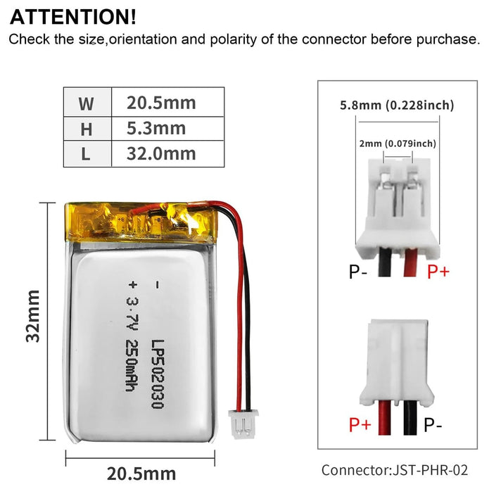 Batteria LIPO DIY 502030 3,7V DC 250mAh CONNETTORI 2P-PH