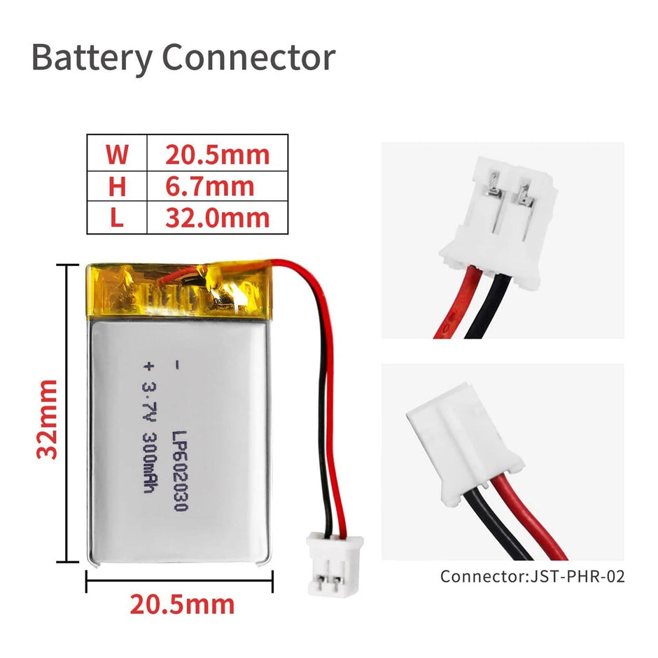 Batteria LIPO DIY 602030 3,7V DC 300mAh CONNETTORI 2P-PH