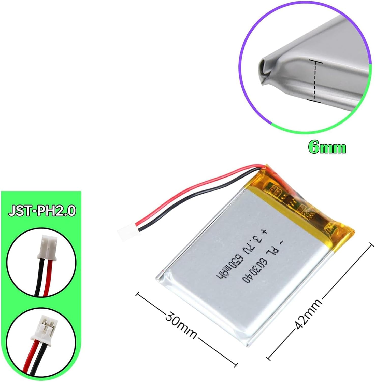 Batteria LIPO DIY 603040 3,7V DC 650mAh CONNETTORI 2P-PH