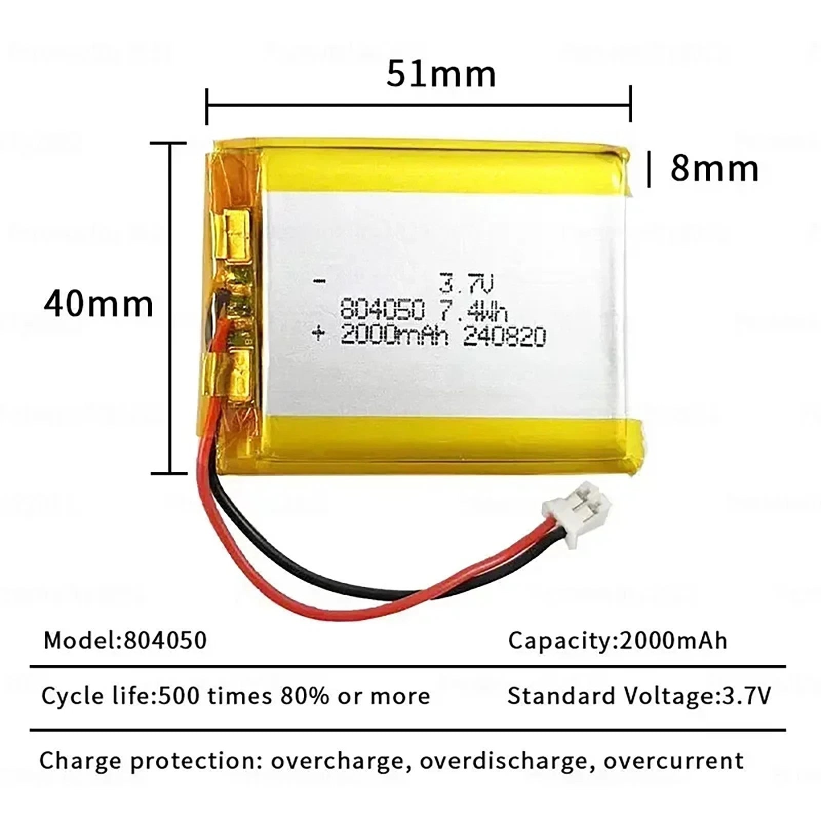 Batteria LIPO DIY 804050 3,7V DC 2.000mAh CONNETTORI 2P-PH