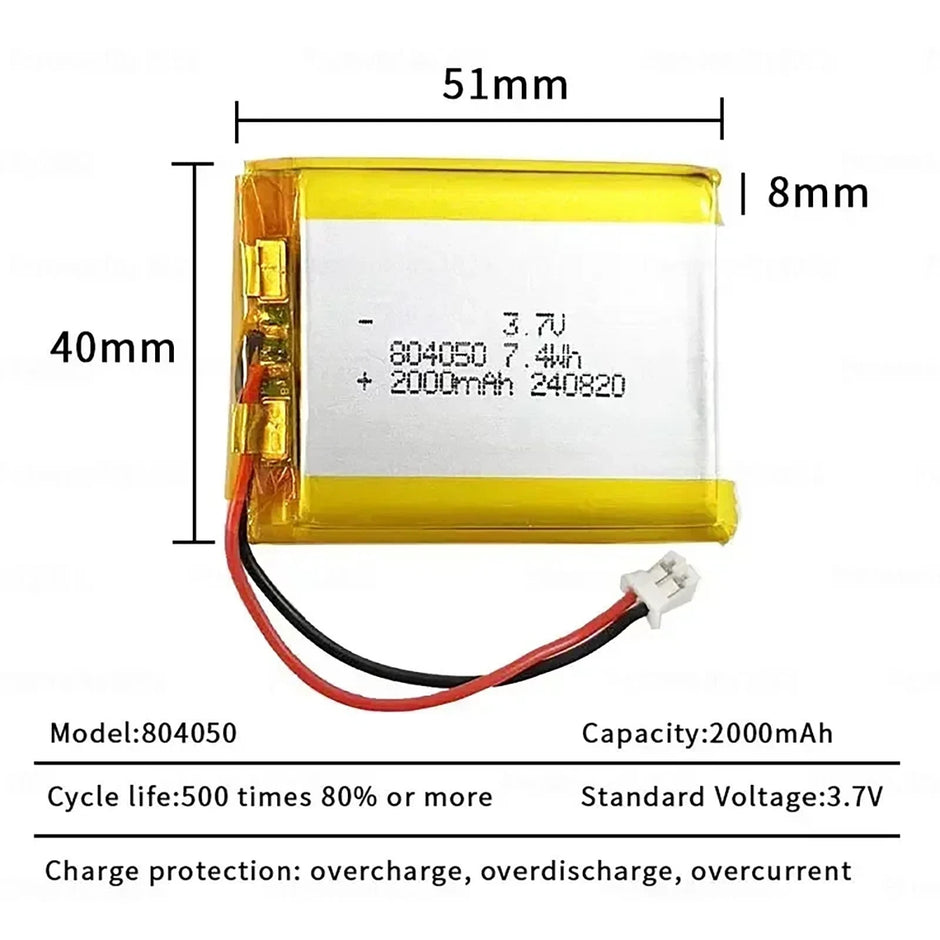 Batteria LIPO DIY 804050 3,7V DC 2.000mAh CONNETTORI 2P-PH