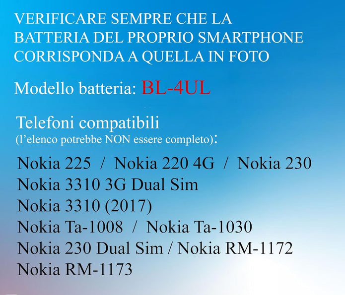 Batteria per NOKIA BL-4UL MICROSOFT LUMIA 3310 225 500 0230 da 1200MAH