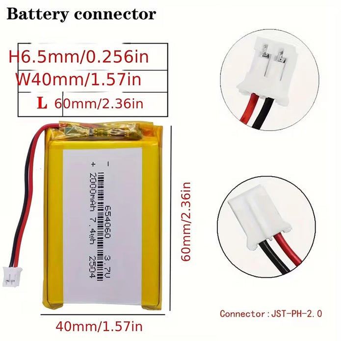Batteria LIPO DIY 654060 3,7V DC 2.000mAh CONNETTORI 2P-PH