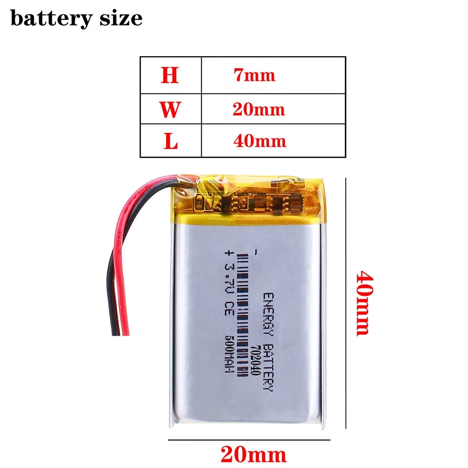 Batteria LIPO DIY 702040 3,7V DC 500mAh CONNETTORI 2P-PH