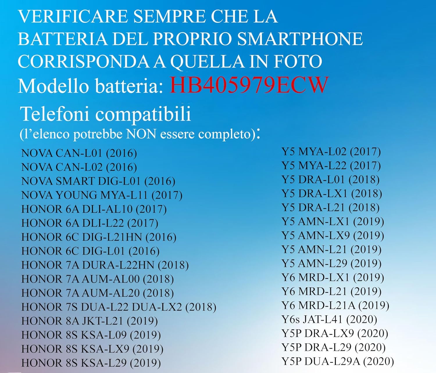 Batteria per Huawei HB405979ECW PER NOVA YOUNG | SMART | Y6 PRO | Y5 con KIT CACCIAVITI