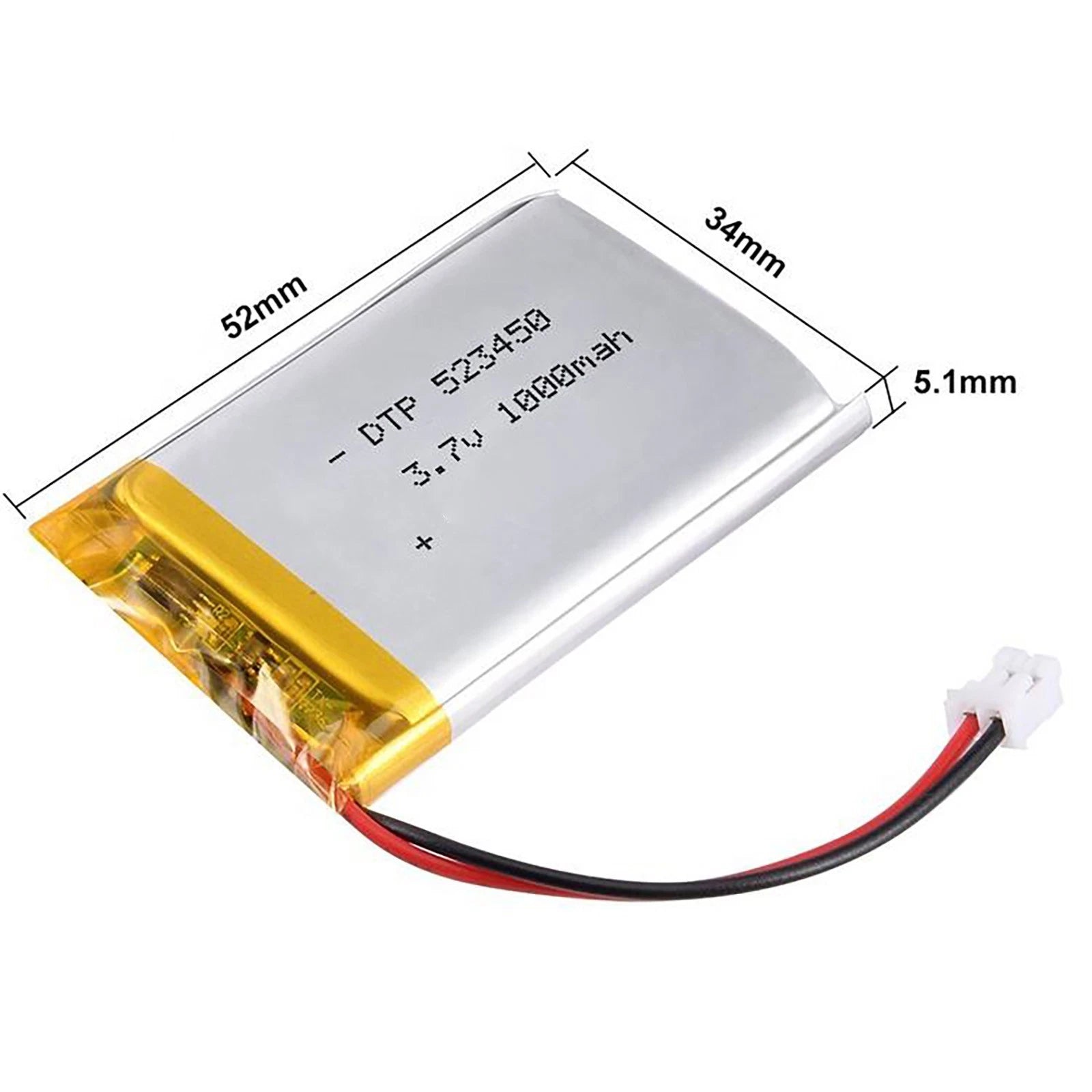 Batteria LIPO DIY 523450 3,7V DC 1.000mAh CONNETTORI 2P-PH