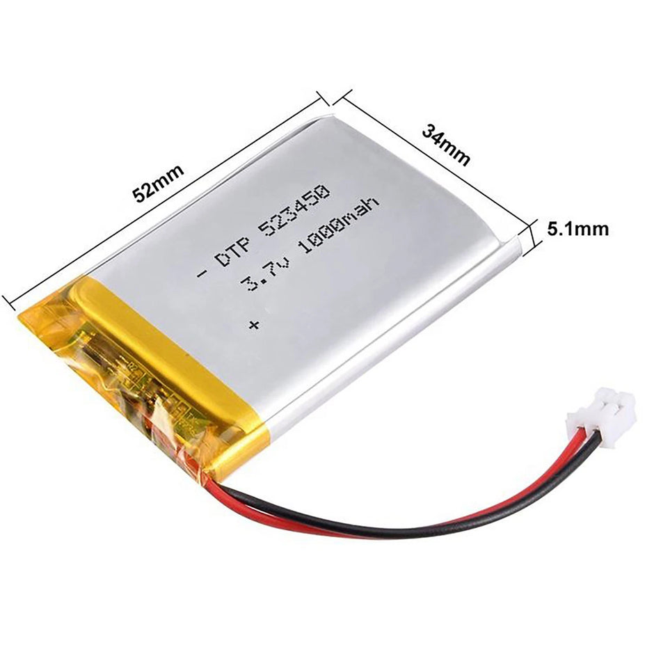 Batteria LIPO DIY 523450 3,7V DC 1.000mAh CONNETTORI 2P-PH