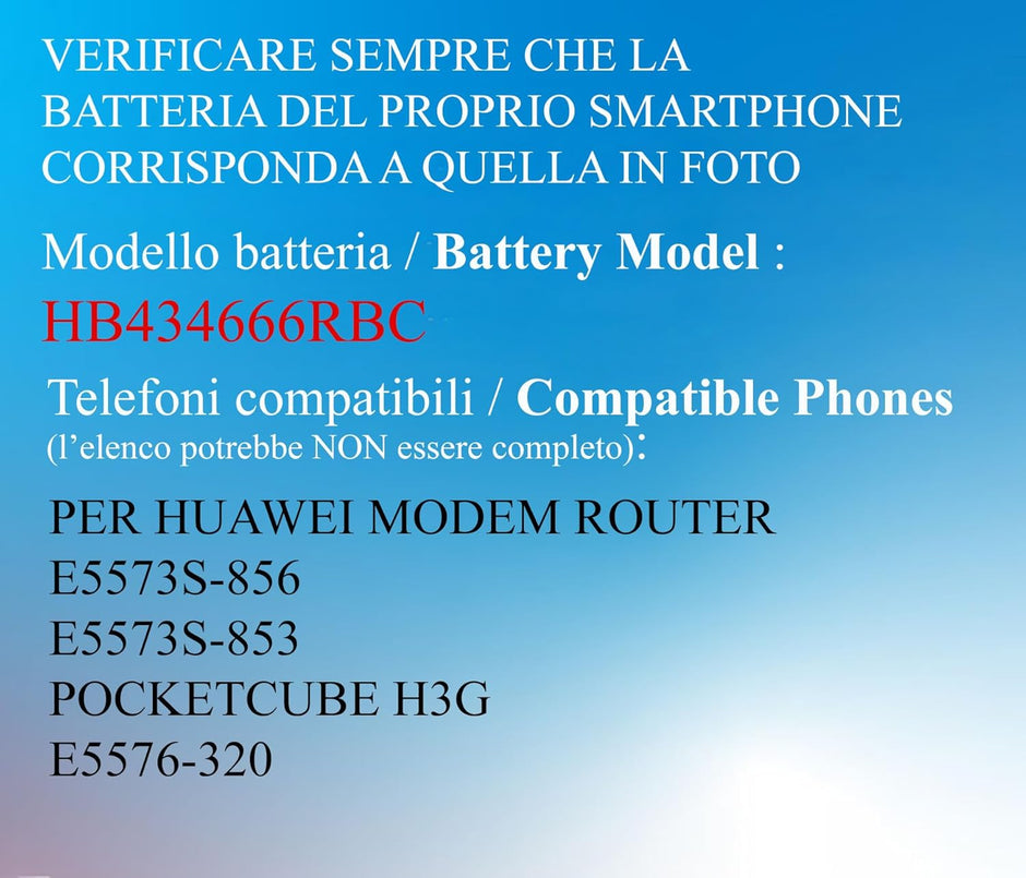 Batteria per Huawei HB434666RBC 1500mAh E5573 H3G POCKETCUBE MODEM VODAFONE R216 2200mah