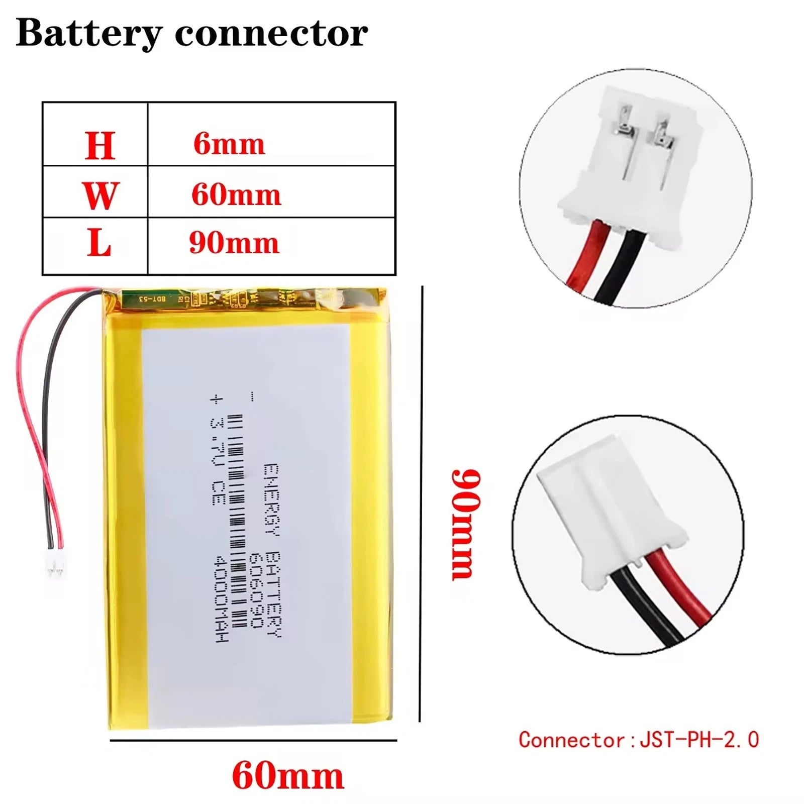 Batteria LIPO DIY 606090 3,7V DC 4.000mAh CONNETTORI 2P-PH