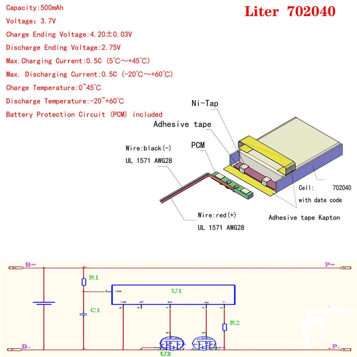 Batteria LIPO DIY 702040 3,7V DC 500mAh CONNETTORI 2P-PH