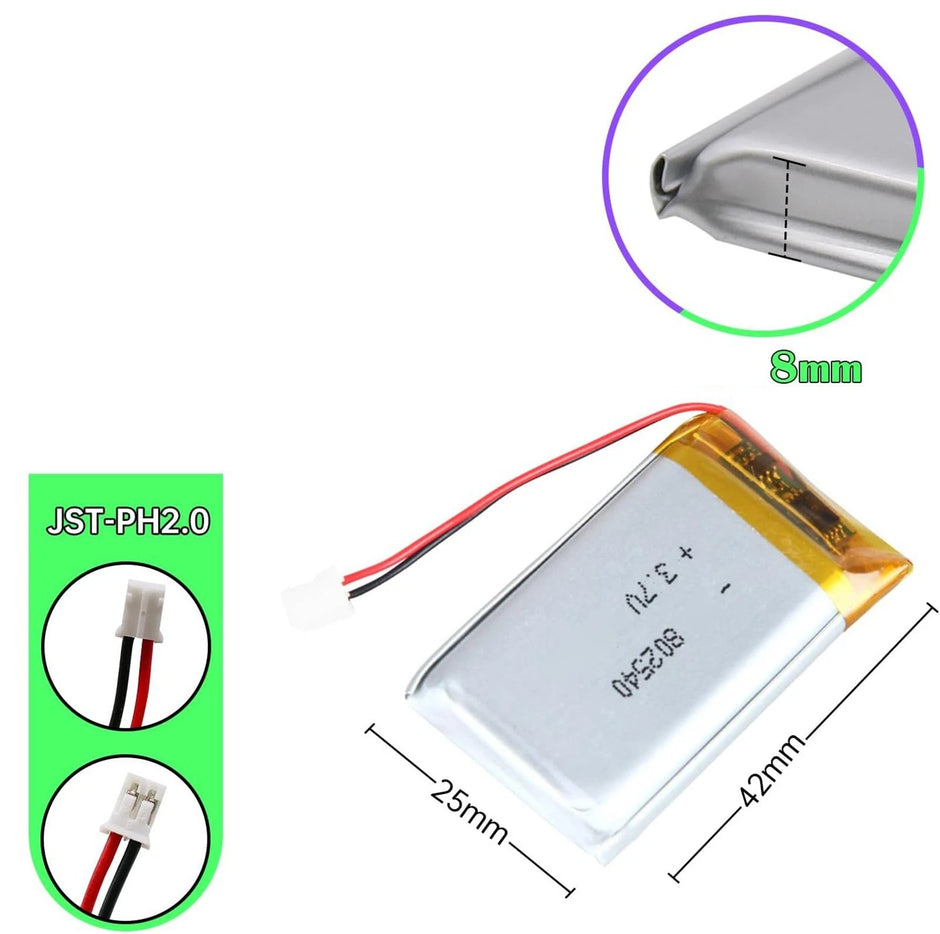 Batteria LIPO DIY 802540 3,7V DC 800mAh CONNETTORI 2P-PH