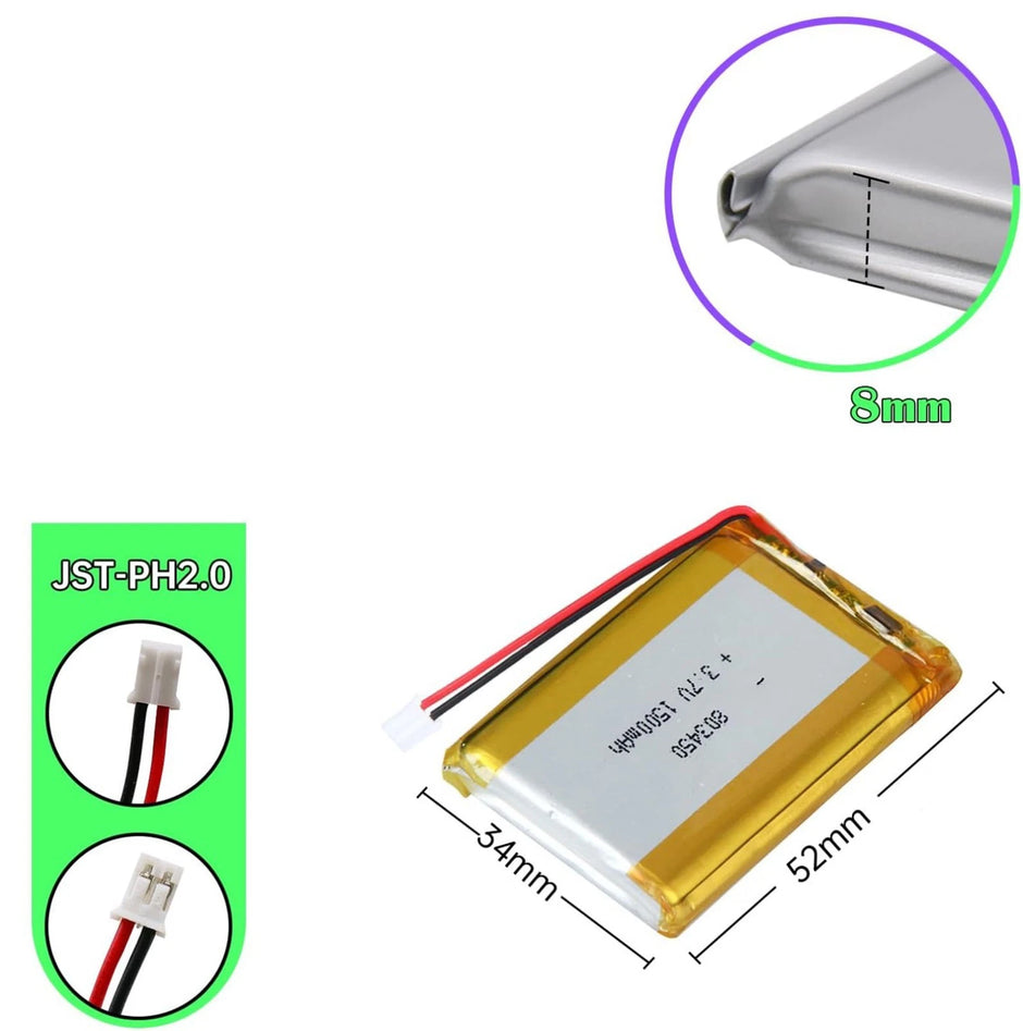 Batteria LIPO DIY 803450 3,7V DC 1.500mAh CONNETTORI 2P-PH