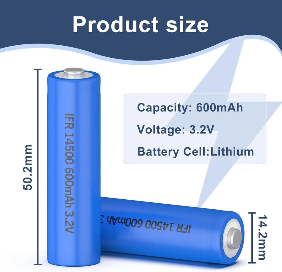 BATTERIA RICARICABILE FORMATO 14500 LiFEPO4 AA da 600mAh 3.2V